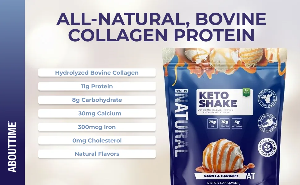 About Time Keto Shake with Bovine Collagen Protein + MCTs from Coconuts - 19g Fat 10g Protein 5g Net Carbs - Vanilla Caramel 1lb - nutrition information