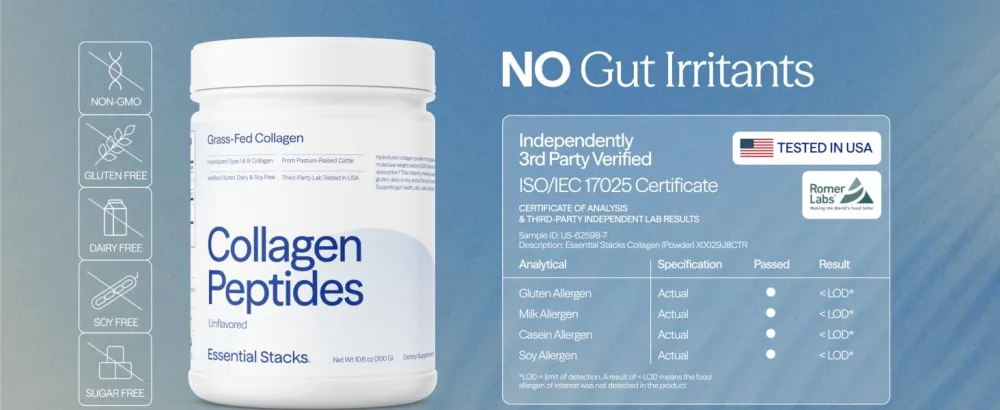 Essential Stacks Collagen Peptides Powder (from Grass Fed Cattle) - Gluten Dairy & Soy Free - Unflavored Hydrolyzed Collagen Supplement (10.6 oz) - collagen protein supplements facts
