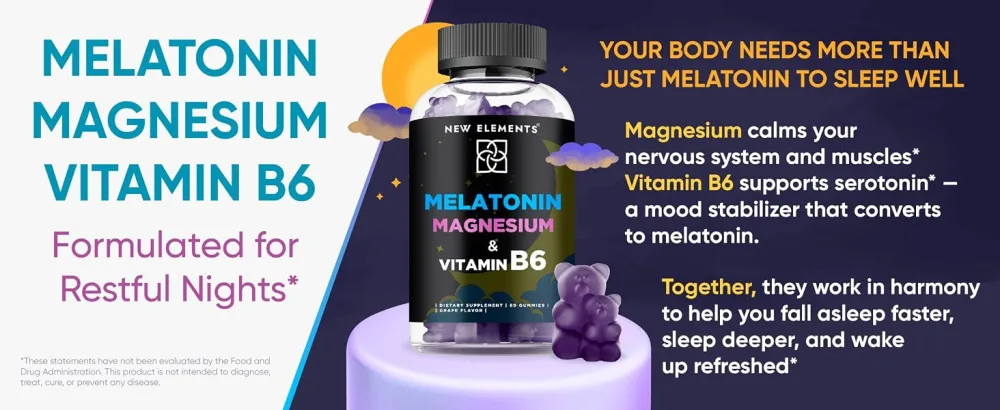 New Elements Melatonin Gummies 10mg with Magnesium Glycinate & Vitamin B6 | Sleep Support Relaxation & Stress Relief | Non-GMO Gluten-Free | Great-Tasting | Natural Grape Flavor - mela1