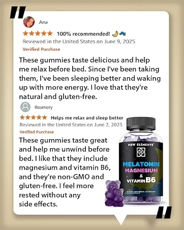 New Elements Melatonin Gummies 10mg with Magnesium Glycinate & Vitamin B6 | Sleep Support Relaxation & Stress Relief | Non-GMO Gluten-Free | Great-Tasting | Natural Grape Flavor - rtghr5455445