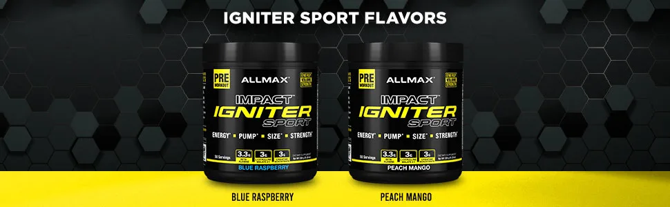 ALLMAX IGNITER Sport Blue Raspberry - 330 g - Pre-Workout Formula - with Caffeine L-Citrulline L-Arginine Creatine & Beta Alanine - Up to 50 Servings - IGNITER Sport