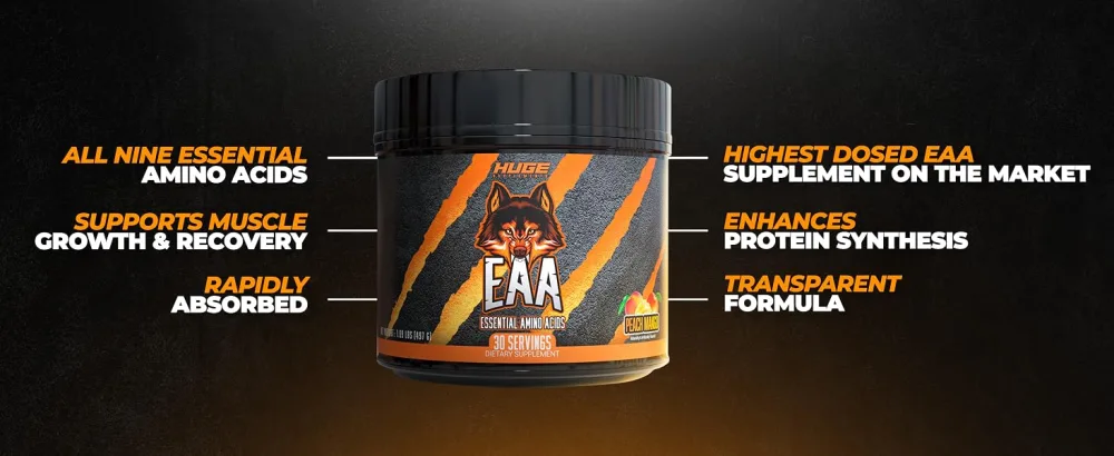Huge EAA Supplement Highest Dosed Essential Amino Acid Powder 12.8g EAAs & 8g BCAAs Per Serving Muscle Growth Recovery & Performance (Peach Mango) - EAA benefits