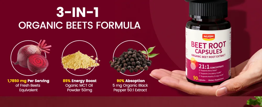 NUISM Beet Root Capsules with Organic Beetroot Extract Beets Supplement to Support Circulation & Blood Flow Nitric Oxide & Heart Health Antioxidant Formula - beet root capsules