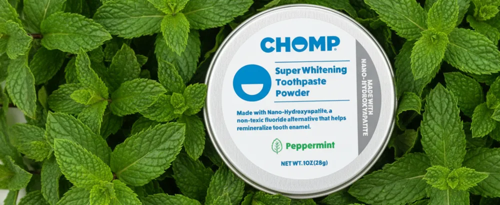 Chomp Nano Hydroxyapatite Toothpaste Powder Peppermint | Fluoride-Free Tooth Powder Plastic-Free Enamel-Friendly Oral Care - Chomp Nano Hydroxyapatite Toothpaste Powder on Mint leafs