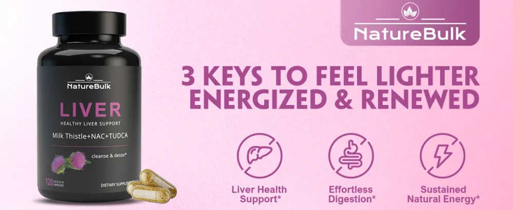 NATUREBULK Premium Liver Support Complex - 120 Capsules with TUDCA NAC Milk Thistle Extract & Astragalus - Advanced Formula with Choline Vitamin E & Zinc - 30 Day Supply - Liver Support
