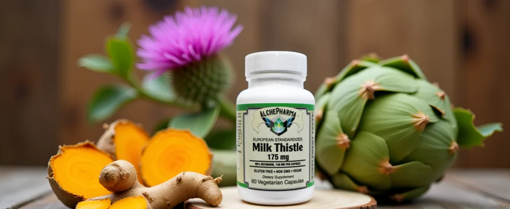 AlchePharma Milk Thistle Extract-Plus 175 Mg Capsules. - A vibrant green field with various herbs and plants growing, representing the natural ingredients in