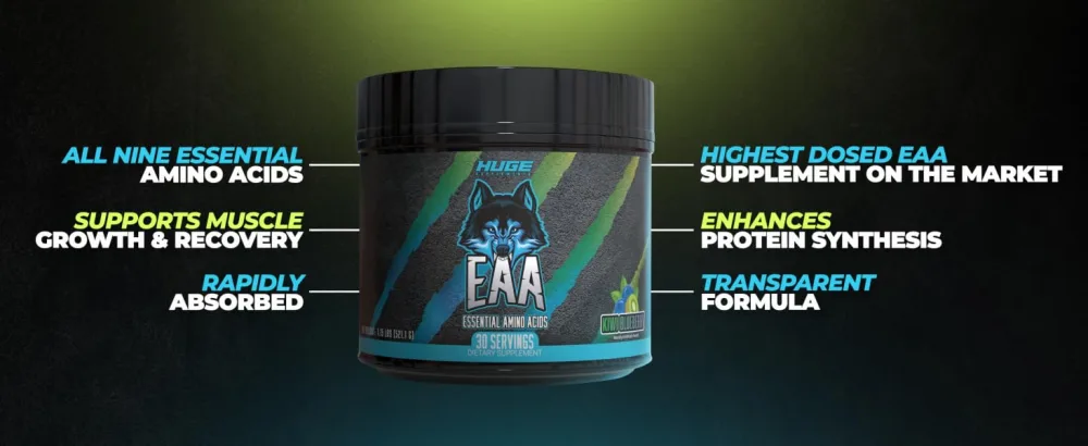 Huge EAA Supplement Highest Dosed Essential Amino Acids Powder 12.85g EAAs & 8g BCAAs Per Serving Maximize Muscle Growth Recovery & Performance (Kiwi Blueberry 17.73 Oz.) - all nine essential amino acids