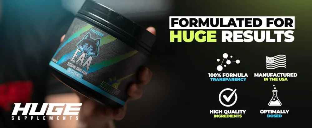 Huge EAA Supplement Highest Dosed Essential Amino Acids Powder 12.85g EAAs & 8g BCAAs Per Serving Maximize Muscle Growth Recovery & Performance (Kiwi Blueberry 17.73 Oz.) - Formulated for HUGE results