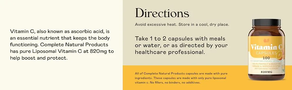 Complete Natural Products Vitamin C Capsules - Pure Vitamin C Liposomal Capsules Immune Support Enhanced Absorption Antioxidant Defense* - Protects nervous system