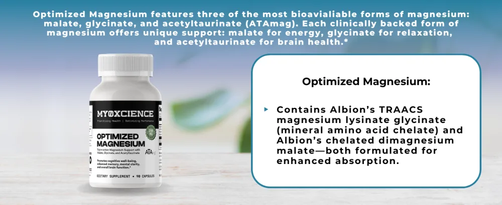 MYOXCIENCE Optimized Magnesium Glycinate + Magnesium Taurate (as ATAmag ) for High Brain Bioavailability to Support Stress Relief and Sleep | 30 Servings 90 Count (Pack of 1) - Optimized Magnesium (90 Capsules)