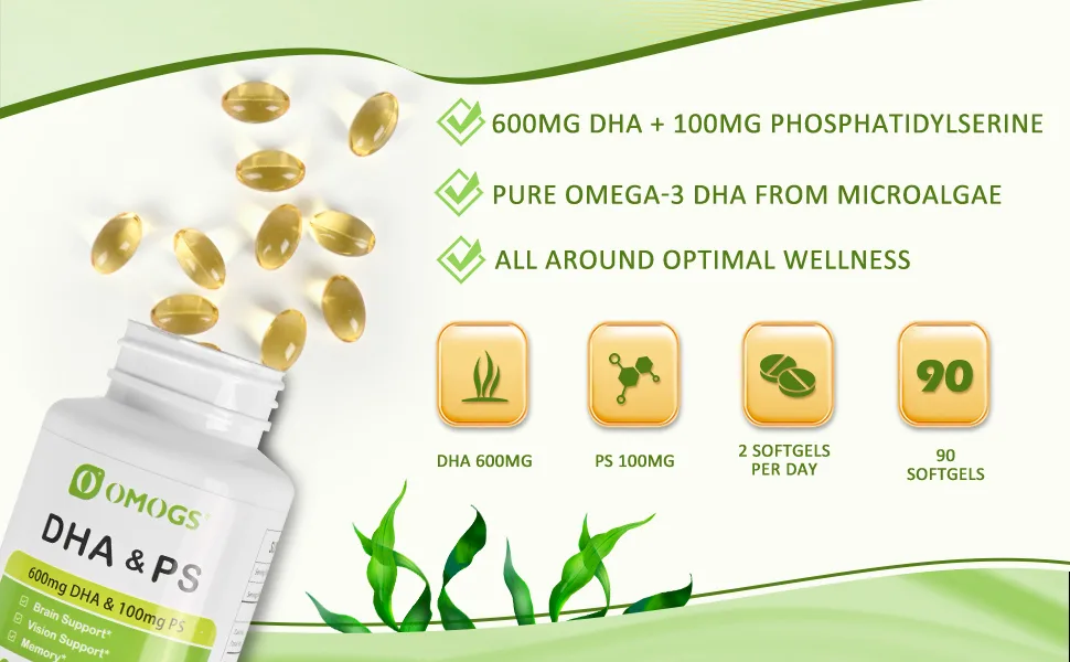 OMOGS Algae DHA - 600 mg Omega-3 DHA Softgels with Phosphatidylserine & Walnut Oil Supports Healthy Brain Function Vision Eye & Memory Gluten Free Non-GMO 90 Softgels - product information 13