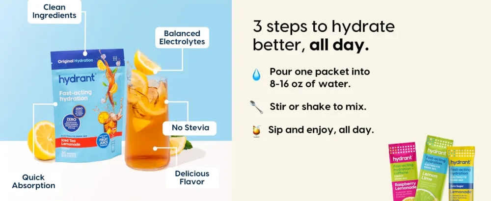 Hydrant - Bulk Electrolyte Powder Iced Tea Lemonade Flavor 30 Servings Instant Hydration Powder - Low Sugar Drink Mix for Daily Use Travel & Workouts - stick packs