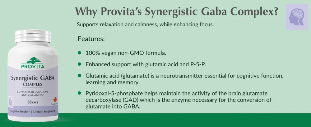 PROVITA Synergistic GABA Complex | GABA Supplement | with B6 & Glutamic Acid | Stress Relief Supplement | Mood Support | Relaxation & Calmness | Brain Support | Mood Enhancer | 60 Veg Capsules - anxiety stress relief supplements calming supplements for adults stress supplements for women