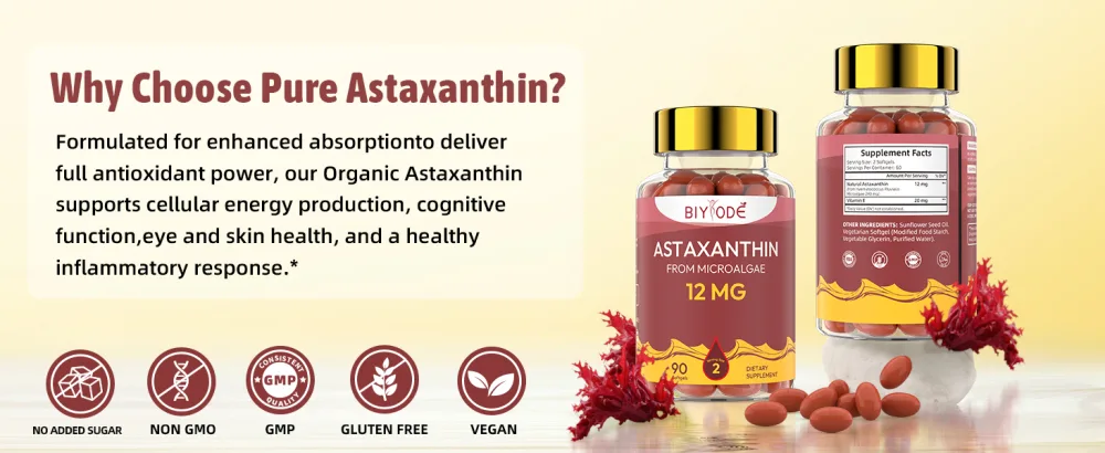 BIYODE Astaxanthin 12mg Softgels High Potency Antioxidant Supplement from Microalgae Supports Skin Health Heart Function Circulation & Immune System 90 Softgels - astaxanthin supplement