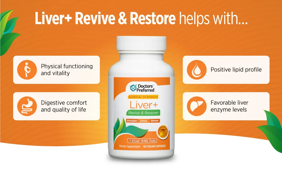 DOCTORS' PREFERRED Liver+ Revive & Restore 10-in-1 Formula with Clinically Validated 4 Liver and Milk Thistle | 60 Capsules - Liver+ Revive and Restore bottle with benefits