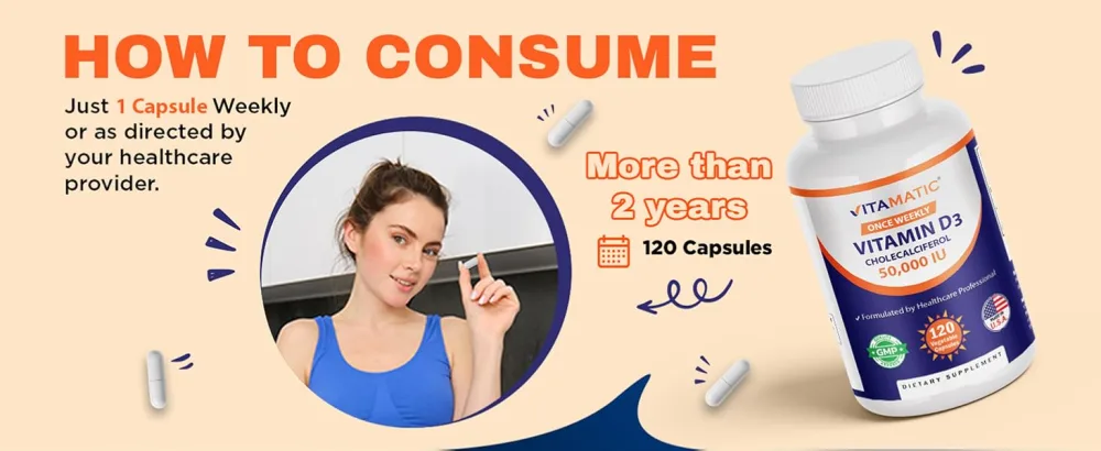 Vitamatic Vitamin D3 50 000 IU (as Cholecalciferol) Once Weekly Dose 1250 mcg 120 Veggie Capsules Progressive Formula Helping Vitamin D Deficiencies - product information 4