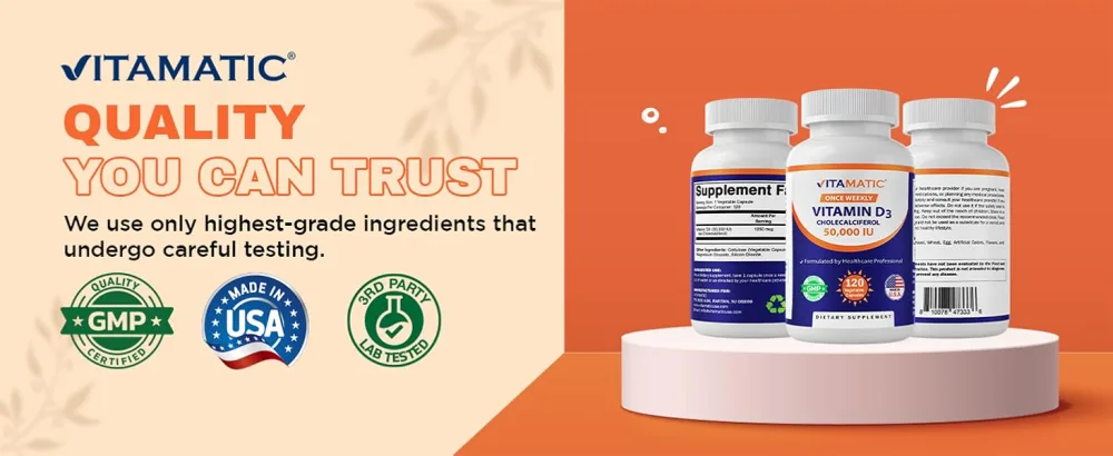 Vitamatic Vitamin D3 50 000 IU (as Cholecalciferol) Once Weekly Dose 1250 mcg 120 Veggie Capsules Progressive Formula Helping Vitamin D Deficiencies - product information 8