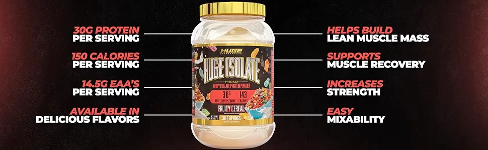 Huge Supplements Isolate Protein Powder - 30g Protein Per Serving Fast Digesting 14.5g Essential Amino Acids (30 Servings) (Fruity Cereal) - Benefits of Huge Isolate