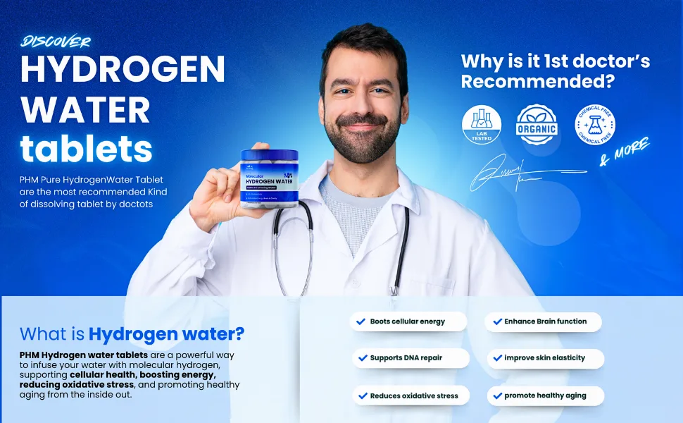 PHM Hydrogen Water Tablets for Drinking Water - H2 Molecular Tabs | Magnesium Pills Electrolytes Hydration Supplement to Support Healthy Aging & Energy Boost | 90 Tablets 3 Months Supply - HYDROGEN WATER