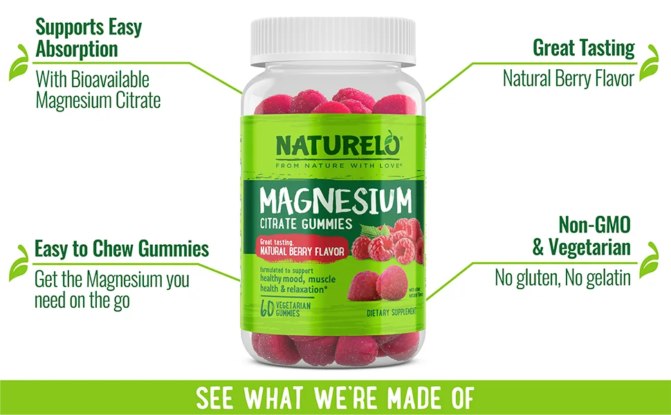 NATURELO Magnesium Citrate Gummies - for Calm & Relaxation Support, Natural Berry Magnesium Gummies, 60 Vegetarian Gummies 60 Count (Pack of 1) - Mag Gummies callouts