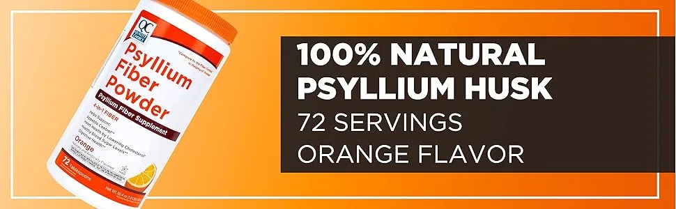 Quality Choice Psyllium Fiber Powder, Original Formula, 72 Doses for Daily Digestive System Support. Promotes Regularity with Gentle Soluble Fiber in Convenient Powder Formula - Orange Flavor