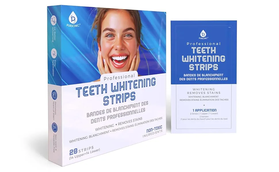 Pursonic Teeth Whitening Strips (28 Strips) - Non-Toxic & Peroxide-Free - Professional Instant Teeth Whitening at Home to Remove Coffee Smoking & Wine Stains - instant teeth whitening teeth whiting blanqueador dental teeth whitening kit for sensitive teeth