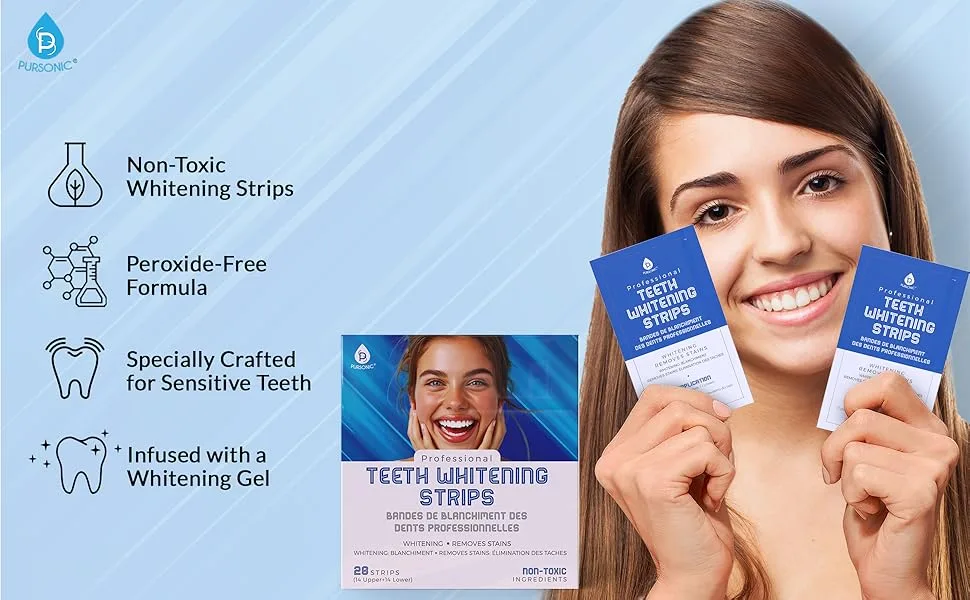 Pursonic Teeth Whitening Strips (28 Strips) - Non-Toxic & Peroxide-Free - Professional Instant Teeth Whitening at Home to Remove Coffee Smoking & Wine Stains - teeth whitening strip blanquear dientes teeth white strips whitening strips sensitive teeth