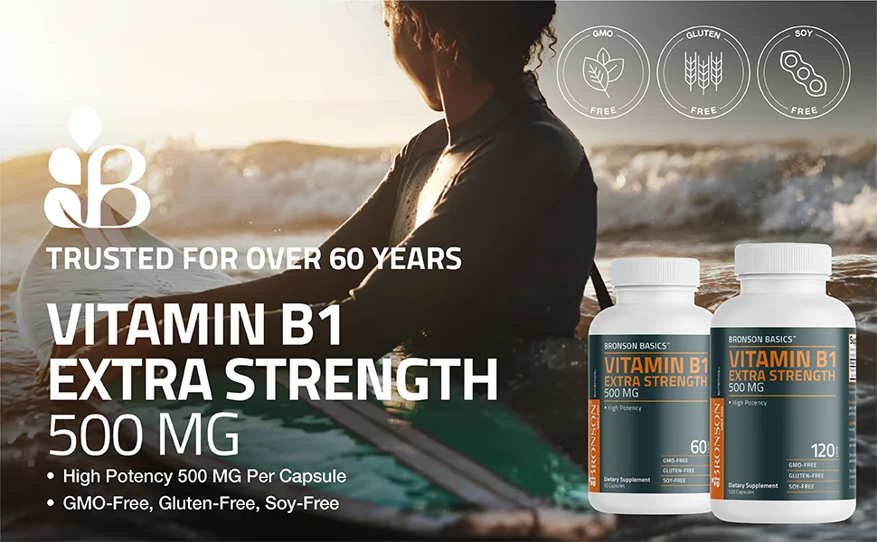 Bronson Vitamin B1 Extra Strength 500 MG High Potency Non-GMO, 60 Capsules Unflavored 60 Count (Pack of 1) - Bronson