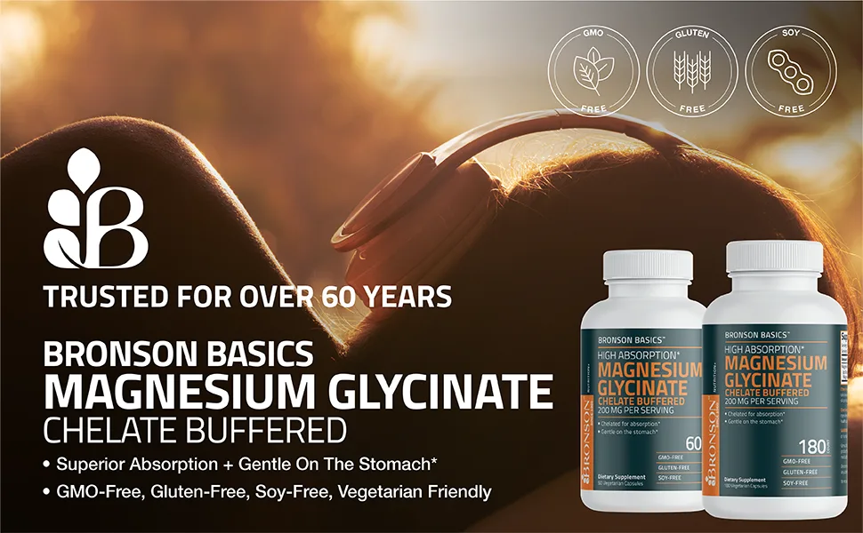 Bronson Magnesium Glycinate 200mg High Absorption Chelated Buffered Gentle On The Stomach Non-GMO, 60 Vegetarian Capsules 60 Count (Pack of 1) - Bronson