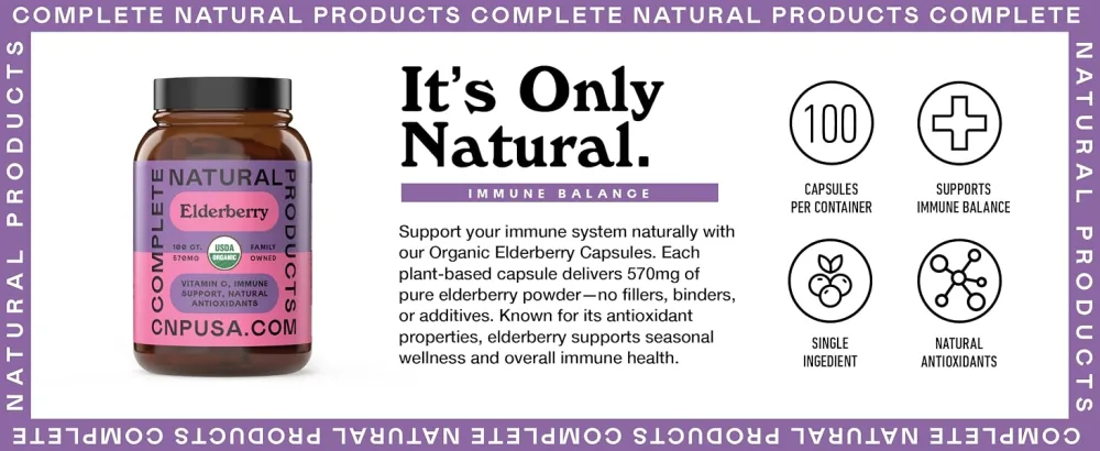 Complete Natural Products Elderberry Capsules 570mg, 100 Ct | Plant-Based Immune Support, Antioxidant-Rich, No Fillers, Made in USA - Complete Natural Products elderberry capsules antioxidant support