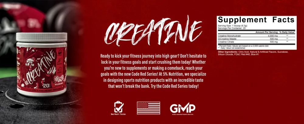5% Nutrition Code Red Micronized Creatine | Monohydrate Powder Blend | Flavored Creatine for Power, Strength Endurance, Cellular Energy & Cognitive Health (Wild Berry) - Creatine-SFP