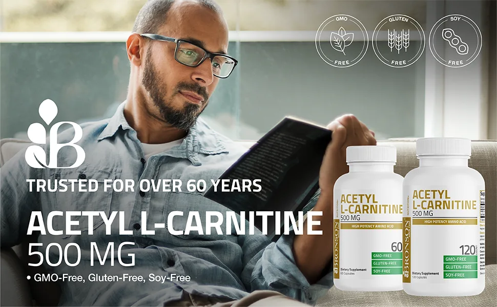Bronson Acetyl L-Carnitine 500 MG High Potency Amino Acid Non-GMO, 60 Capsules 60 Count (Pack of 1) - Bronson