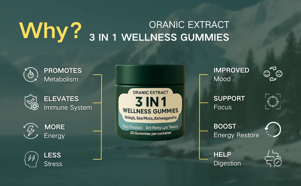 ORANIC EXTRACT Hima-Source Shilajit Wellness Gummies, 3 in 1 Shilajit, Ashwagandha, Sea Moss, 30 Counts - Function of Wellness Gummies