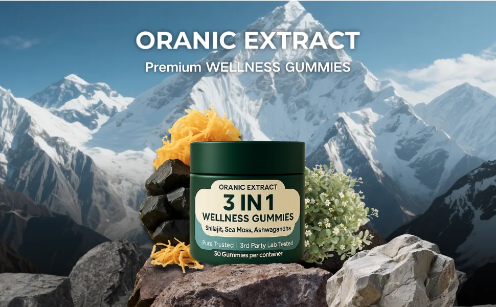 ORANIC EXTRACT Hima-Source Shilajit Wellness Gummies, 3 in 1 Shilajit, Ashwagandha, Sea Moss, 30 Counts - ORANIC EXTRACT WELLNESS GUMMIES