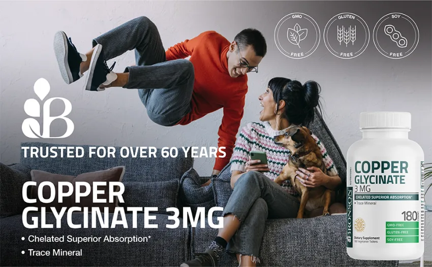Bronson Copper Glycinate 3mg Chelated Superior Absorption Non-GMO, 180 Vegetarian Tablets - bronson