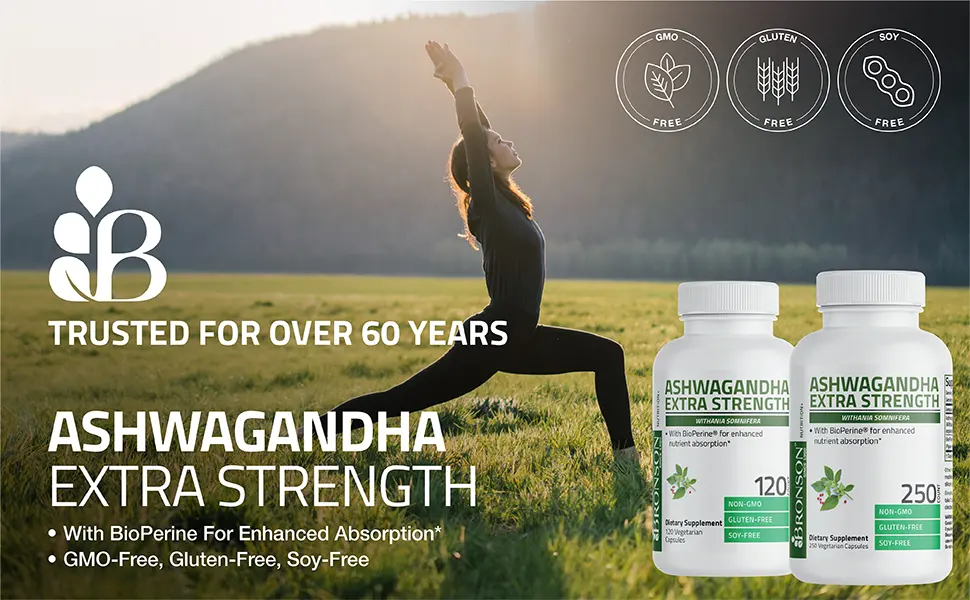 Bronson Ashwagandha Extra Strength Stress & Mood Support with BioPerine - Non GMO Formula, 120 Vegetarian Capsules 120 Count (Pack of 1) - Bronson