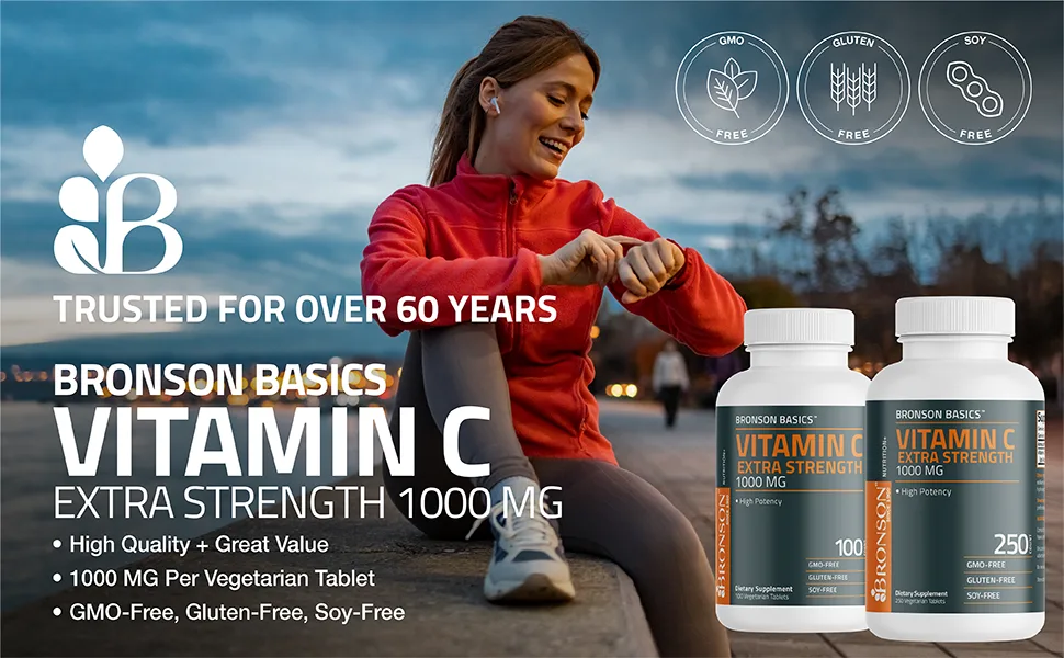 Bronson Vitamin C 1000mg Extra Strength, Supports a Healthy Immune System, High Potency, Non-GMO, 100 Vegetarian Tablets 100 Count (Pack of 1) - Bronson