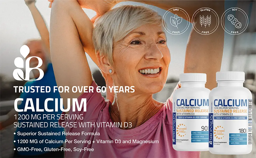Bronson Calcium 1200 MG Per Serving Sustained Release with Vitamin D3 1000 IU Vitamin D3 Per Serving Non-GMO, 90 Tablets 90 Count (Pack of 1) - Bronson