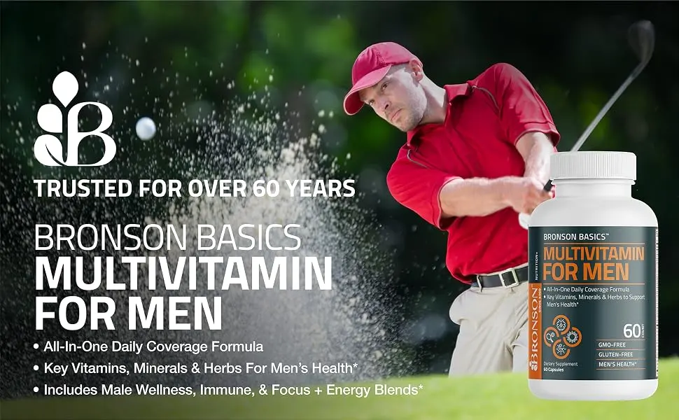 Bronson Multivitamin for Men All-in-One Daily Coverage Formula Key Vitamins, Minerals & Herbs to Support Men's Health, 60 Capsules 60 Count (Pack of 1) - Multivitamin for men
