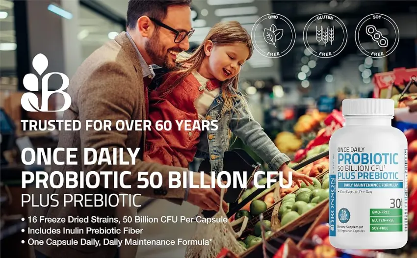 Bronson Once Daily Probiotic 50 Billion CFU Plus Prebiotic Daily Maintenance Formula One Capsule Per Day Non-GMO, 30 Vegetarian Capsules - probiotics