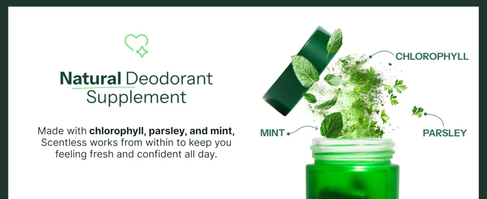 Scentless Internal Deodorant Mint, Parsley & Chlorophyll Capsules for Body Odor Aluminum-Free Body Deodorizing Supplement Odor Control Natural Deodorant Body Deodorizing Capsules 30 Count - Scentless Internal Deodorant
