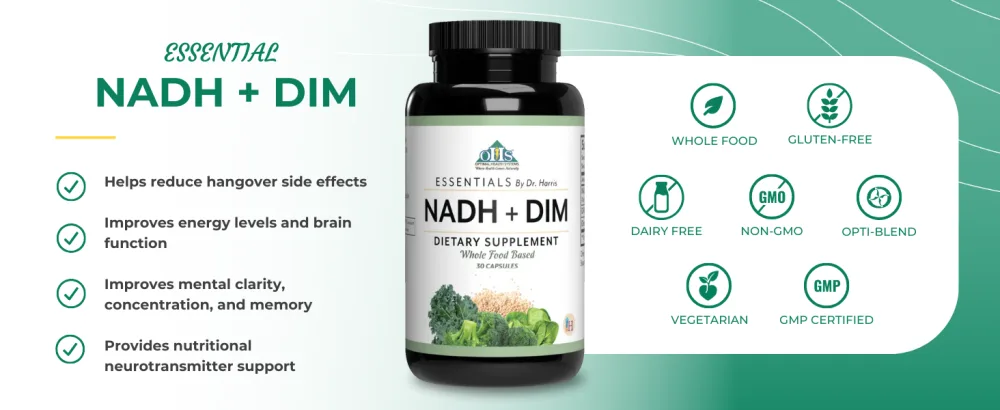 Optimal Health Systems NADH + DIM | Dr. Harris Essentials | Energy + Neurotransmitter Support | Plant-Based | Mental Clarity, Concentration, & Memory Supplement | 30 Capsules - optimal health systems