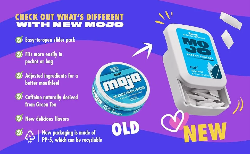 MOJO Energy Pouches Blue Raspberry Flavor, 50 mg per Caffeine Pouch, 15 Pouches, 5-Pack Blue Raspberry 15 Count (Pack of 5) - Old Versus New