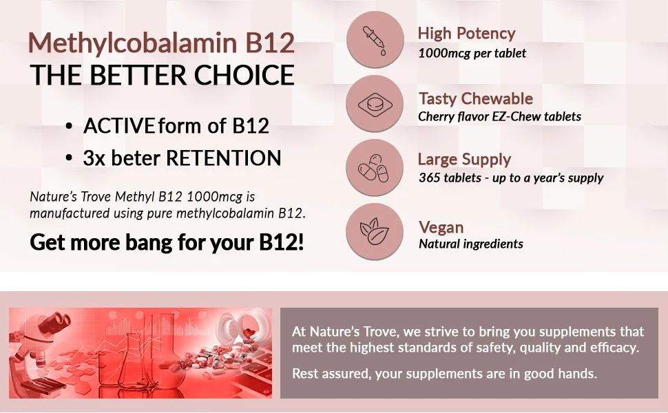 Nature's Trove Vitamin B12 Methylcobalamin 1000 mcg, 365 Count, B12 Chewable Vitamins, Cherry Flavor - potency, chewable, absorption, supply, vegan