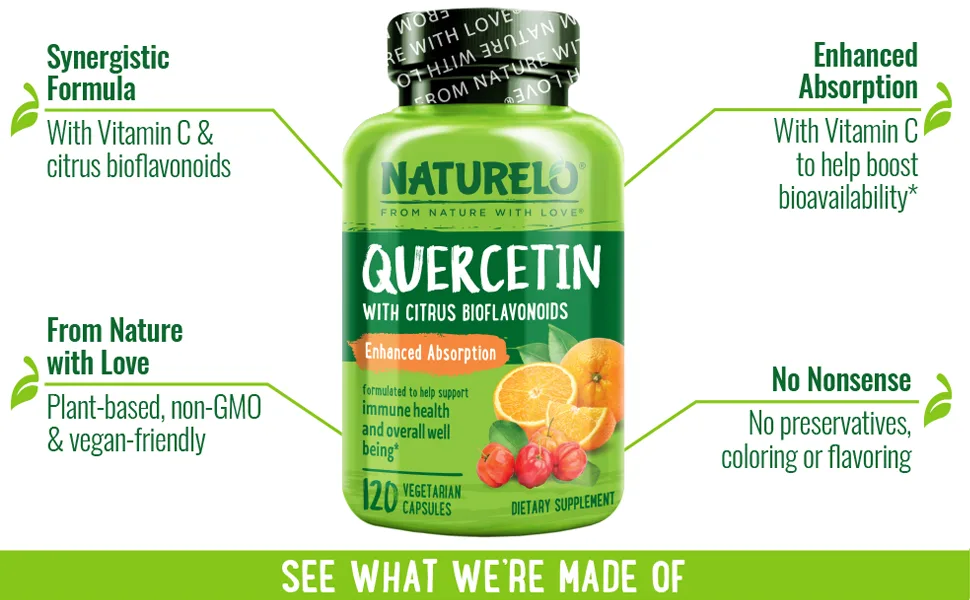 NATURELO Quercetin Citrus Bioflavonoid Complex with Enhanced Absorption - 120 Vegetarian Capsules (Pack of 2) Unflavored 120 Count (Pack of 2) - NATURELO, Quercetin, Vitamin C, Immune Support Supplement, Immune Defense, Vitamins, Capsules