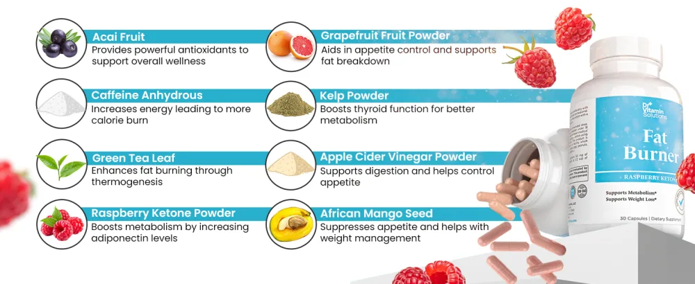 Fat Burner with GLP 1 Support Raspberry Ketones, Green Tea & Kelp Metabolism & Appetite Support for Women & Men 30 Capsules - Dr Vitamin Fat Burner Rasberry