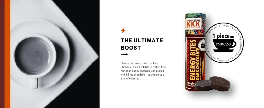 KICK 70% Dark Chocolate Energy Bites with Caffeine (16 bites) Cafeine Boost - KICK CAFFEINATED CHOCOLATE BOOST