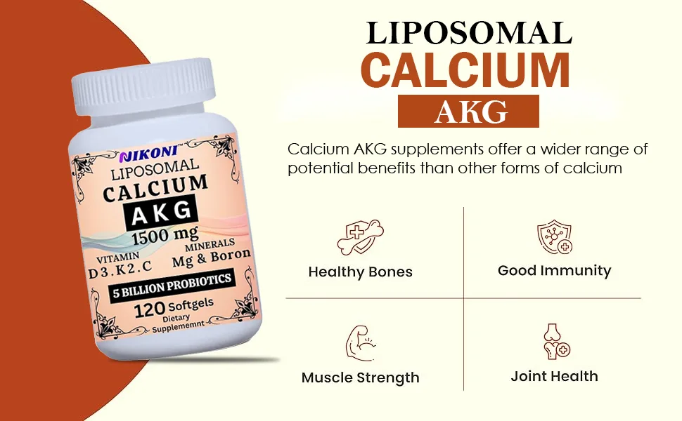Liposomal Calcium AKG 1500mg, Vitamin C, D3, K2, Mg+ & Probiotics Supplement-120 Softgels - B0DV9JM318