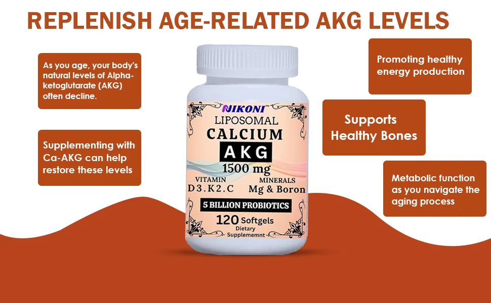 Liposomal Calcium AKG 1500mg, Vitamin C, D3, K2, Mg+ & Probiotics Supplement-120 Softgels - B0DV9JM318