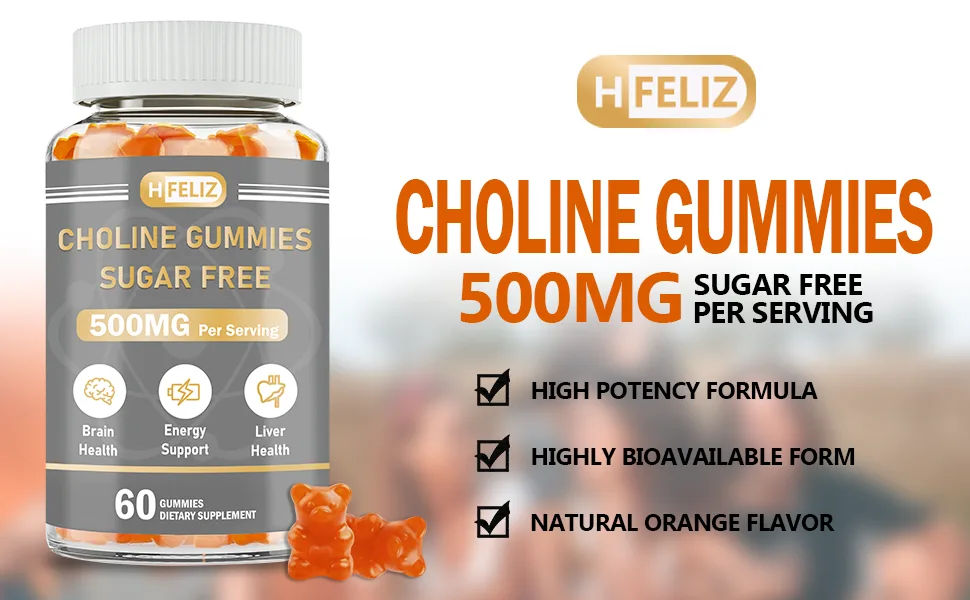 HFELIZ Choline Supplement Gummies Sugar Free, 500mg Choline Bitartrate Per Serving, Brain Health, Liver Support, Focus & Energy, 60 Gummies - choline gummies